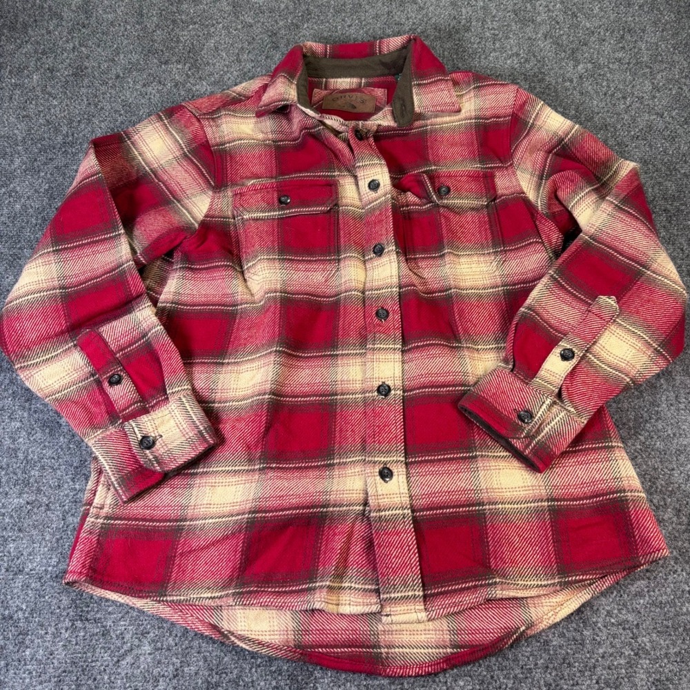 Orvis Flannel Button Down Shirt Womens Small Red Tan Plaid Cotton Outdoors